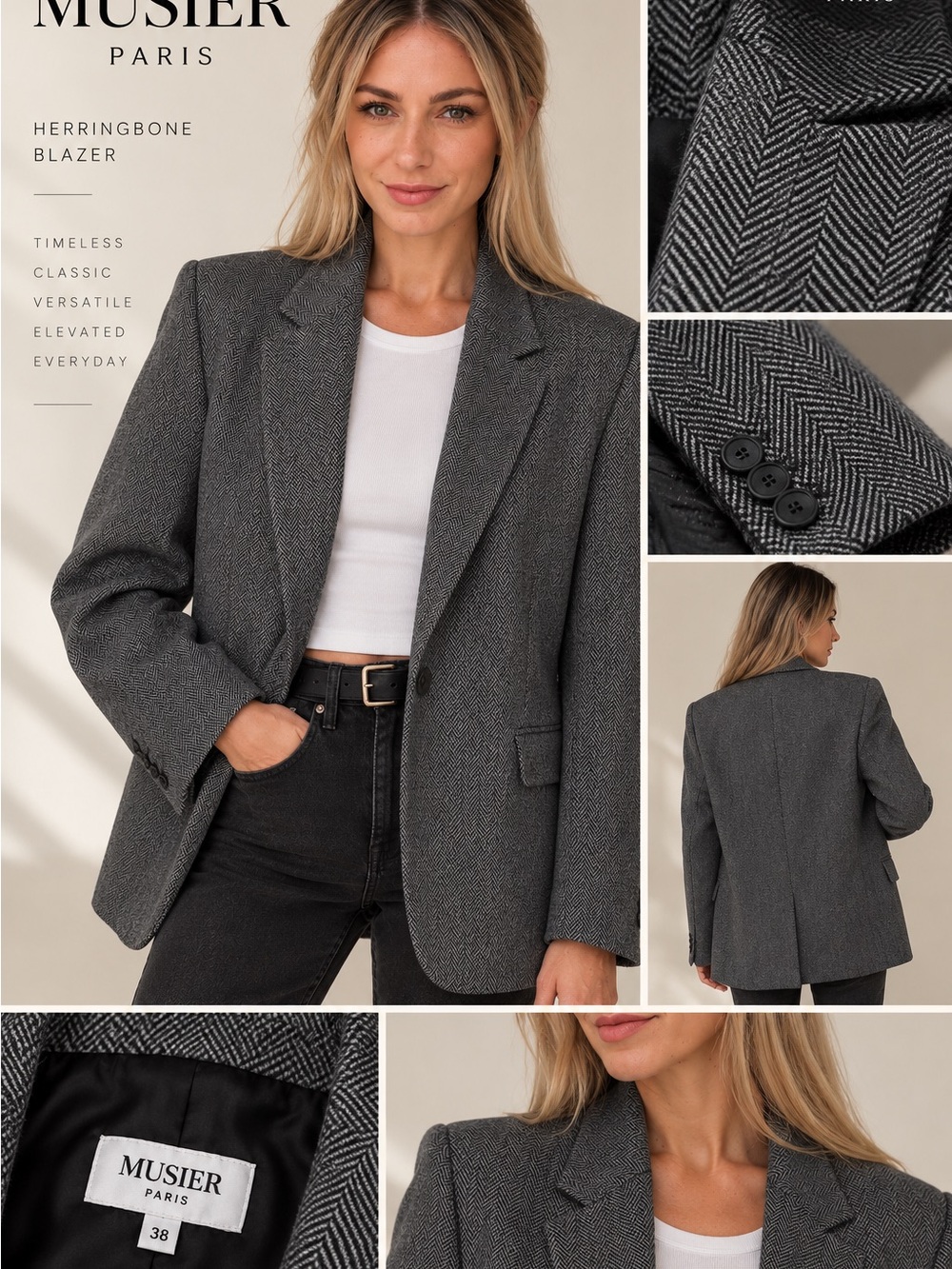 Musier Paris Menaggio Grey Herringbone Oversized Blazer FR 36